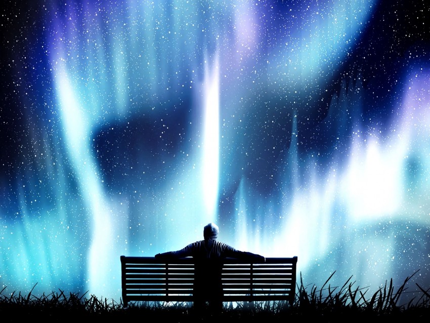 northern lights, bench, loneliness, photoshop, starry sky