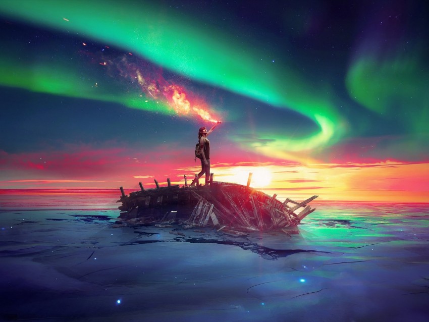 northern lights, photoshop, girl, ruins, lake