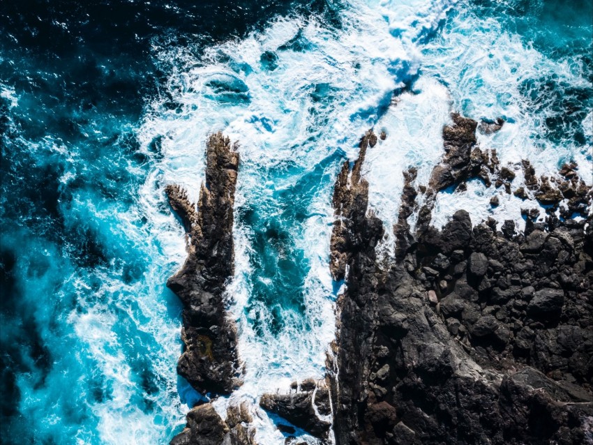 ocean, aerial view, rocks, surf, foam, waves, water