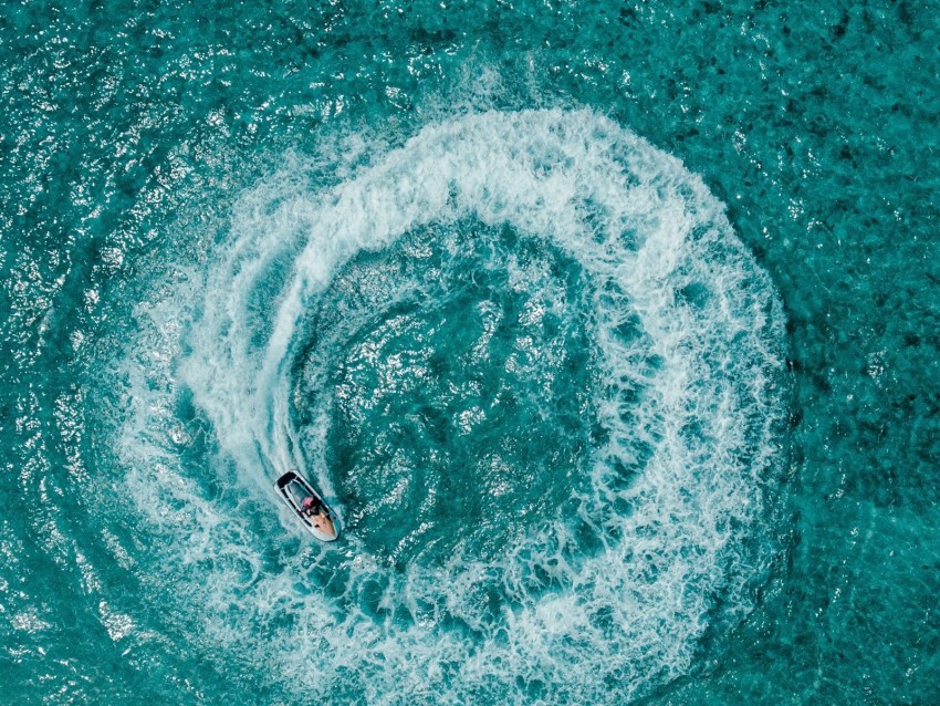 ocean, aerial view, ship, funnel, waves