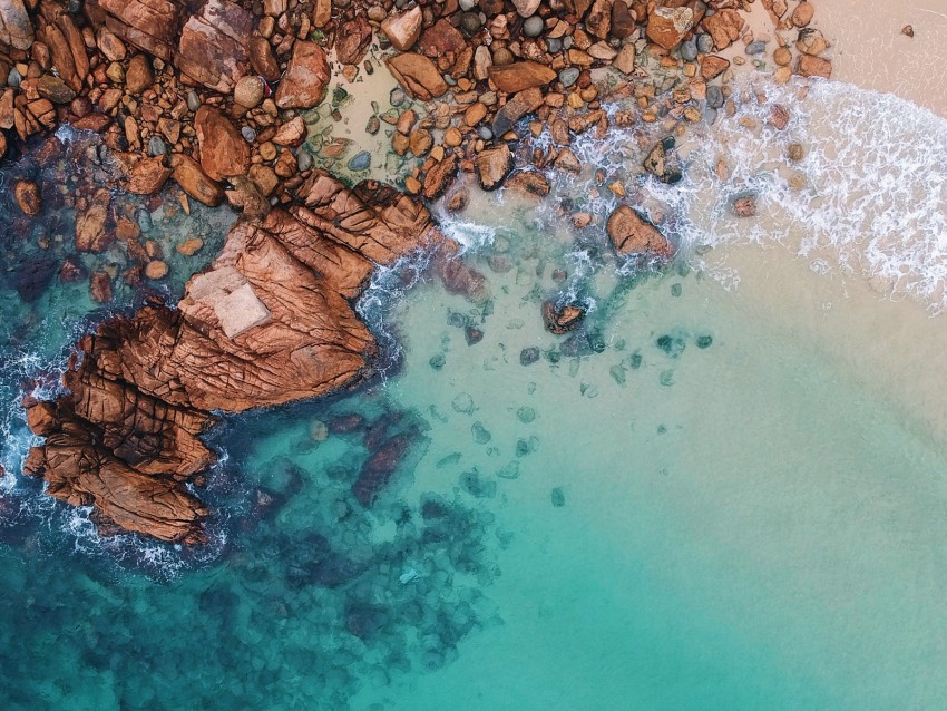 ocean, aerial view, water, stones, sand, foam