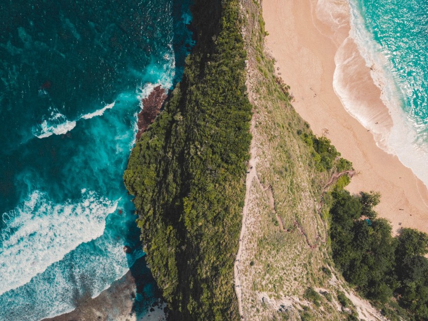 ocean, island, aerial view, surf, shore, greens