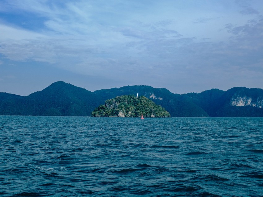 ocean, island, rocks, horizon, waves, ripples