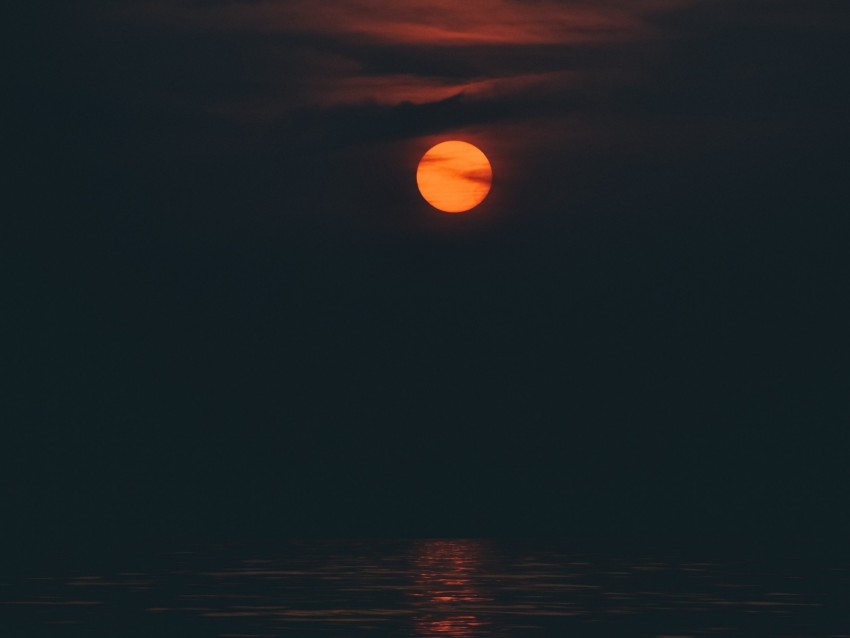 sunset, orange sun, tranquil water, dark clouds, serene landscape