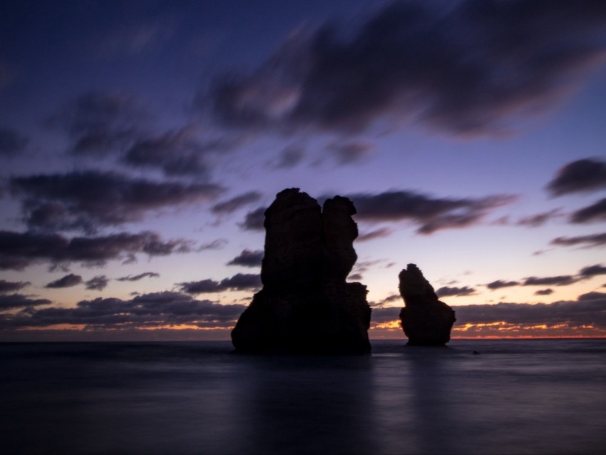 ocean, rocks, clouds, dark, twilight