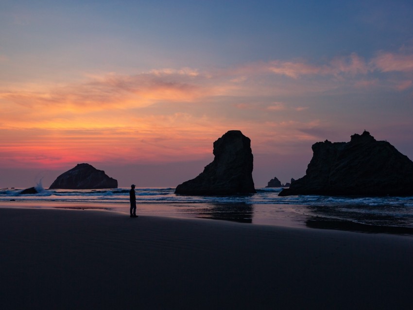 Ocean Silhouette Sunset Rocks Loneliness Background