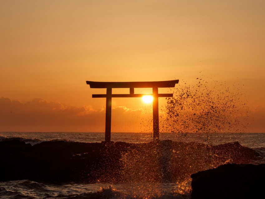 ocean, sunset, landscape, coast, spray, waves