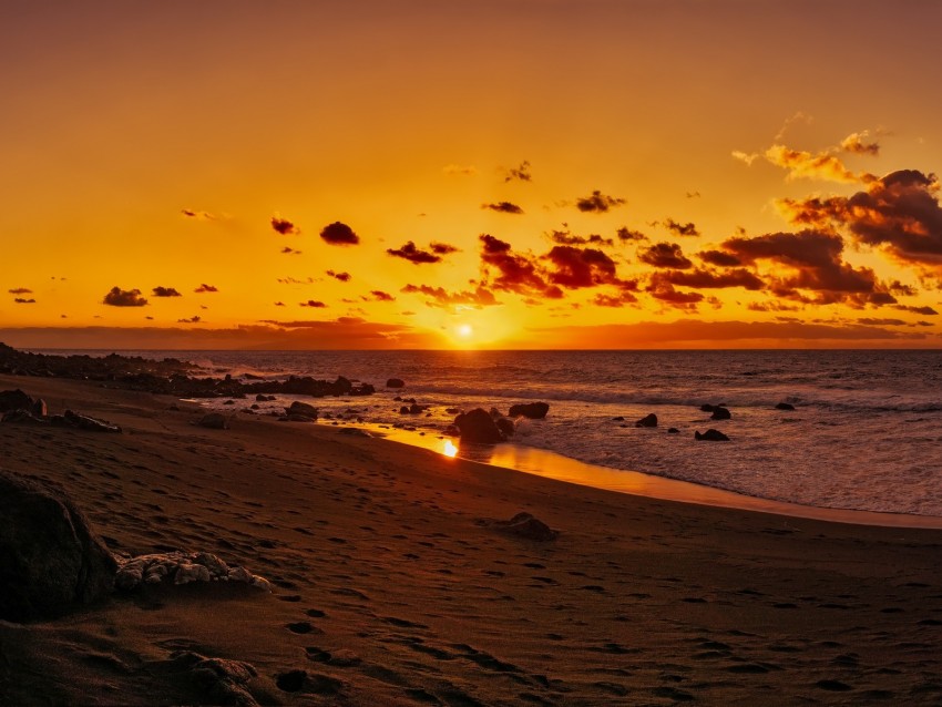 ocean, sunset, shore, beach, sand, horizon, canary islands