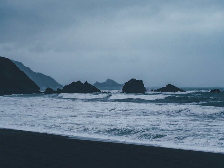 ocean, surf, foam, twilight, evening