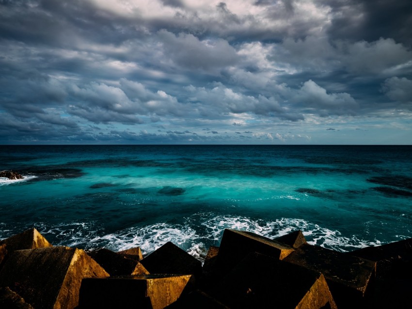 ocean, surf, horizon, coast, clouds, sky