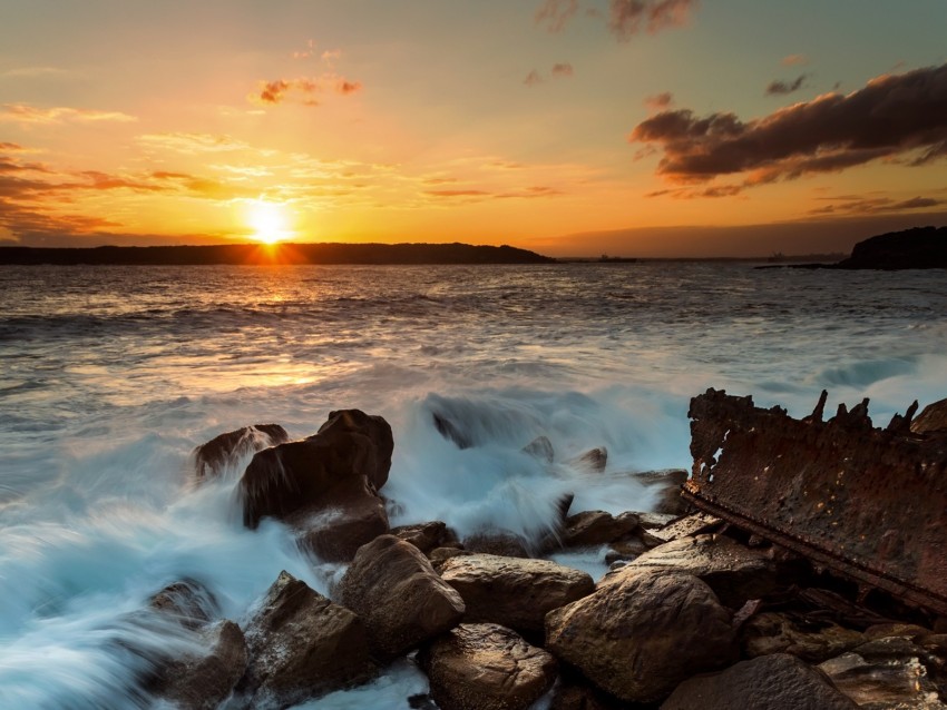 ocean, surf, waves, stones, sunset