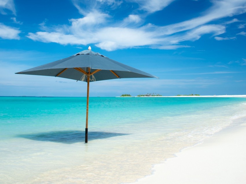 ocean, umbrella, horizon, clouds, tropics, shore