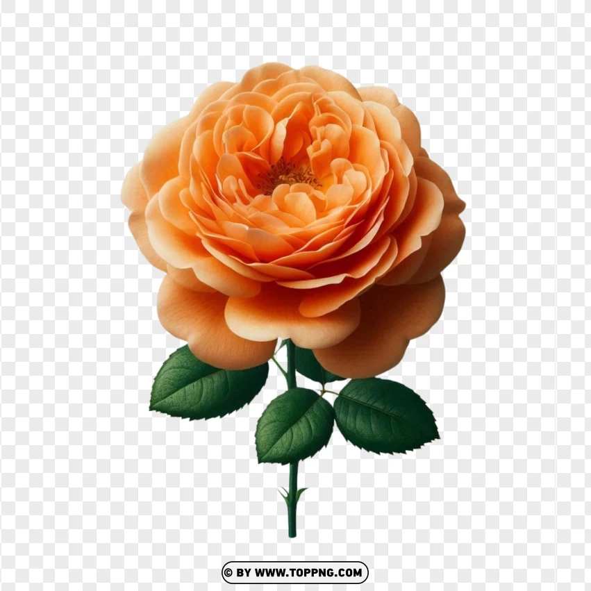 Realistic Orange Rose With Leaves On PNG Transparent Background