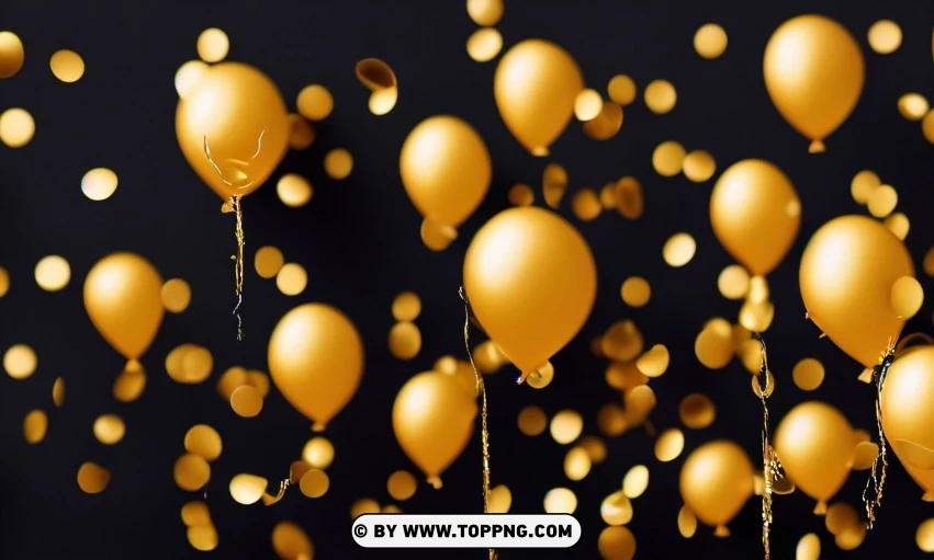 Festive golden balloons, Confetti celebration backdrop, Blurred bokeh party background, Golden inflatable balloons decor, Festive event ambiance, Confetti-filled background, Luxury party scene