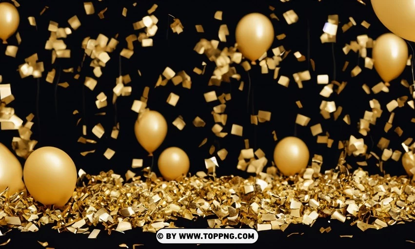 Festive golden balloons, Confetti celebration backdrop, Blurred bokeh party background, Golden inflatable balloons decor, Festive event ambiance, Confetti-filled background, Luxury party scene