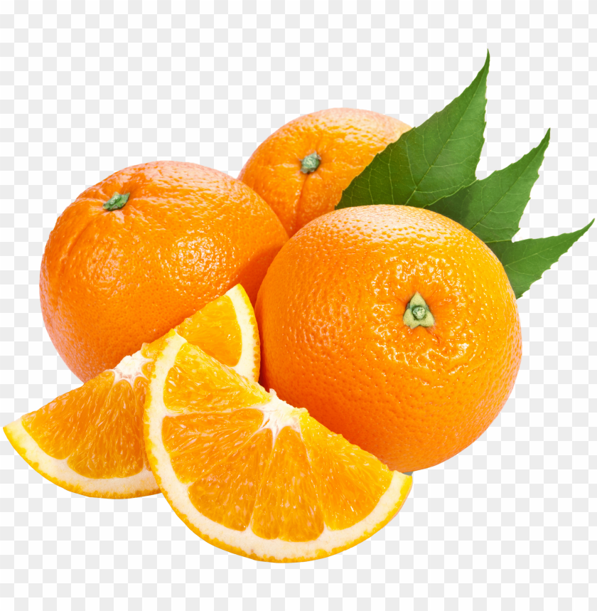 Fresh oranges with green leaves on transparent background