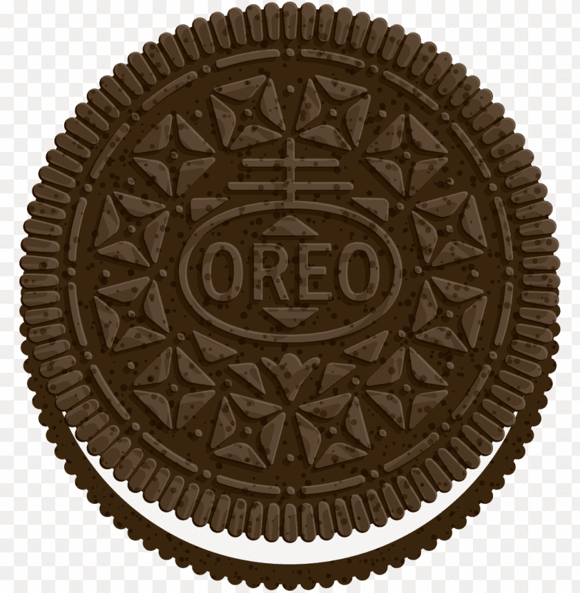 Chocolate Oreo cookie with a decorative design and brand logo PNG