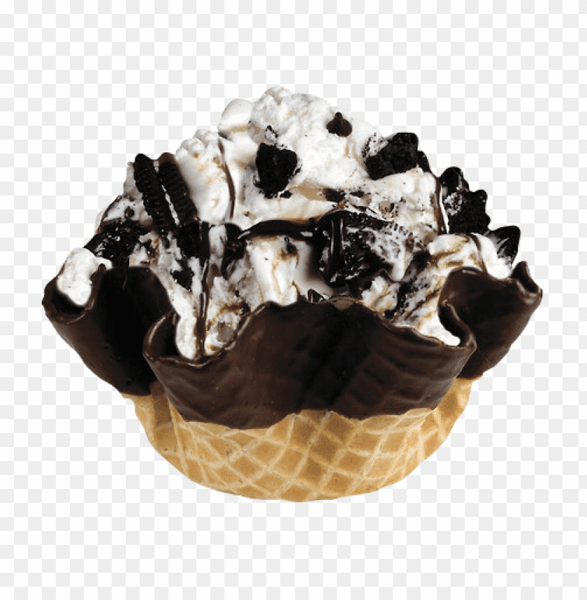 Delicious chocolate and cookie ice cream dessert in a waffle cone PNG