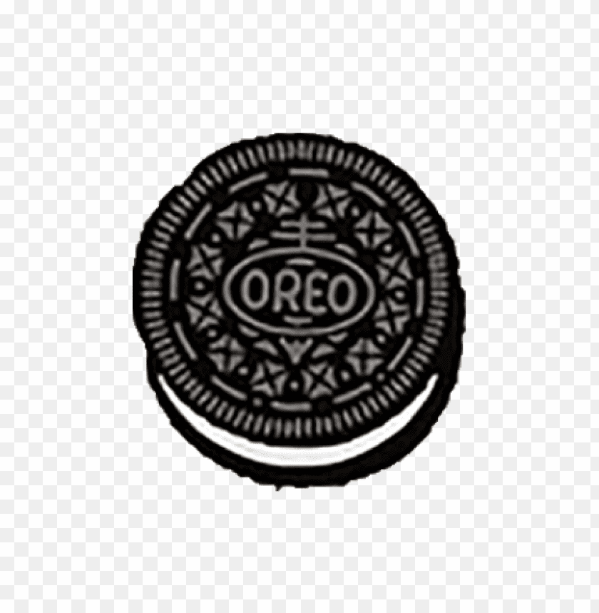 Black and white Oreo cookie with intricate design and logo PNG