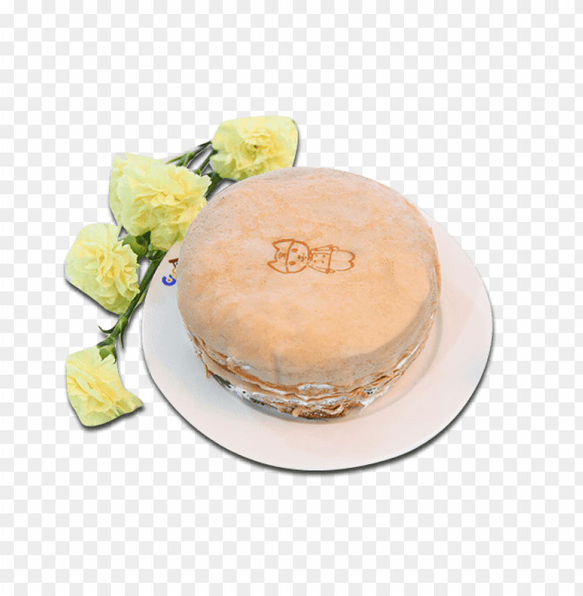 A fluffy cake on a plate with flowers beside it PNG