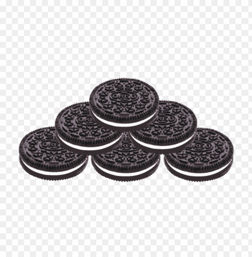 Stack of six chocolate sandwich cookies with white cream filli PNG