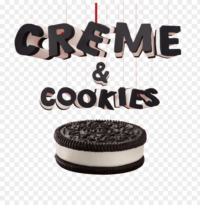 Text 'Creme & Cookies' above an Oreo cookie illustratio PNG