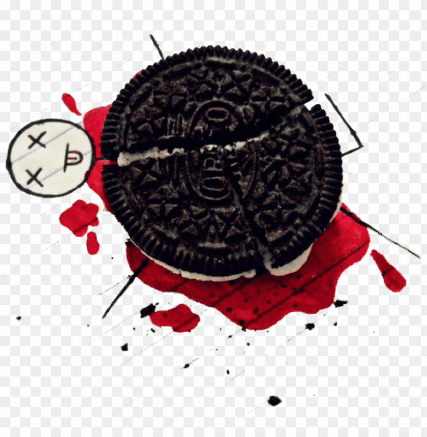 Cracked Oreo cookie on a red surface with playful graphic elements PNG