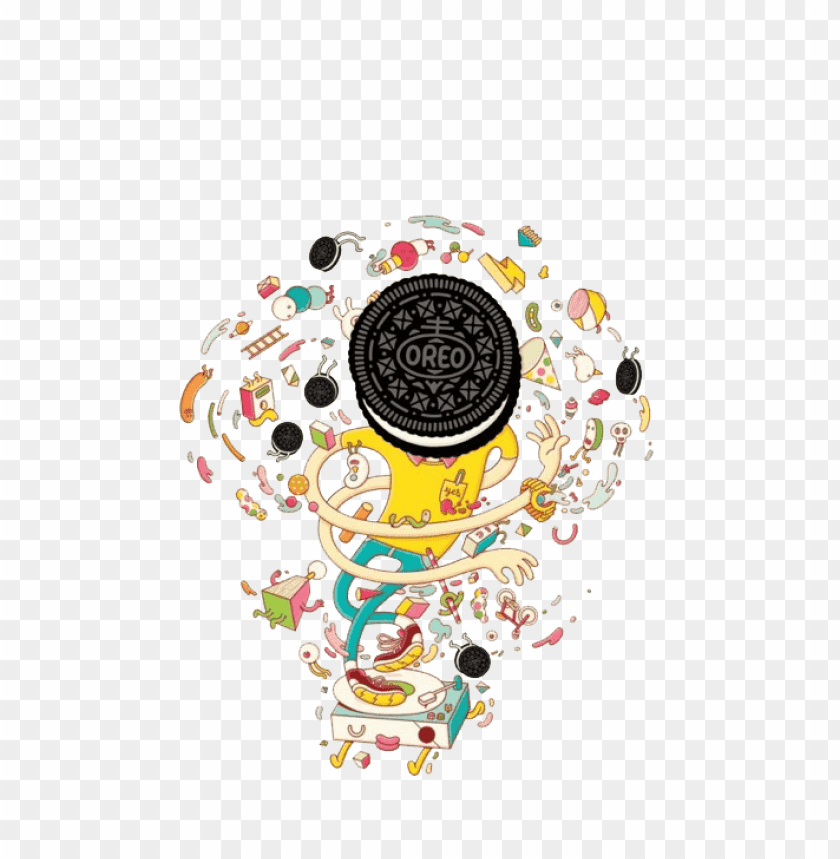 Colorful illustration featuring an Oreo cookie surrounded by fun elements PNG