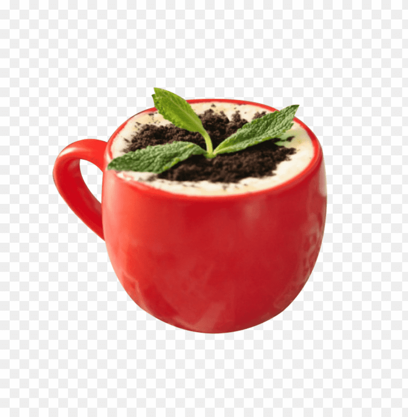 Red mug filled with creamy dessert topped with cocoa and mint leaves PNG