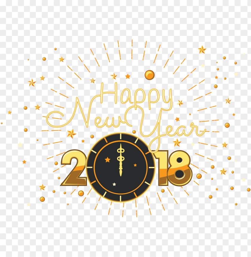 Happy New Year 2018 graphic with stars and a clock at midnight PNG