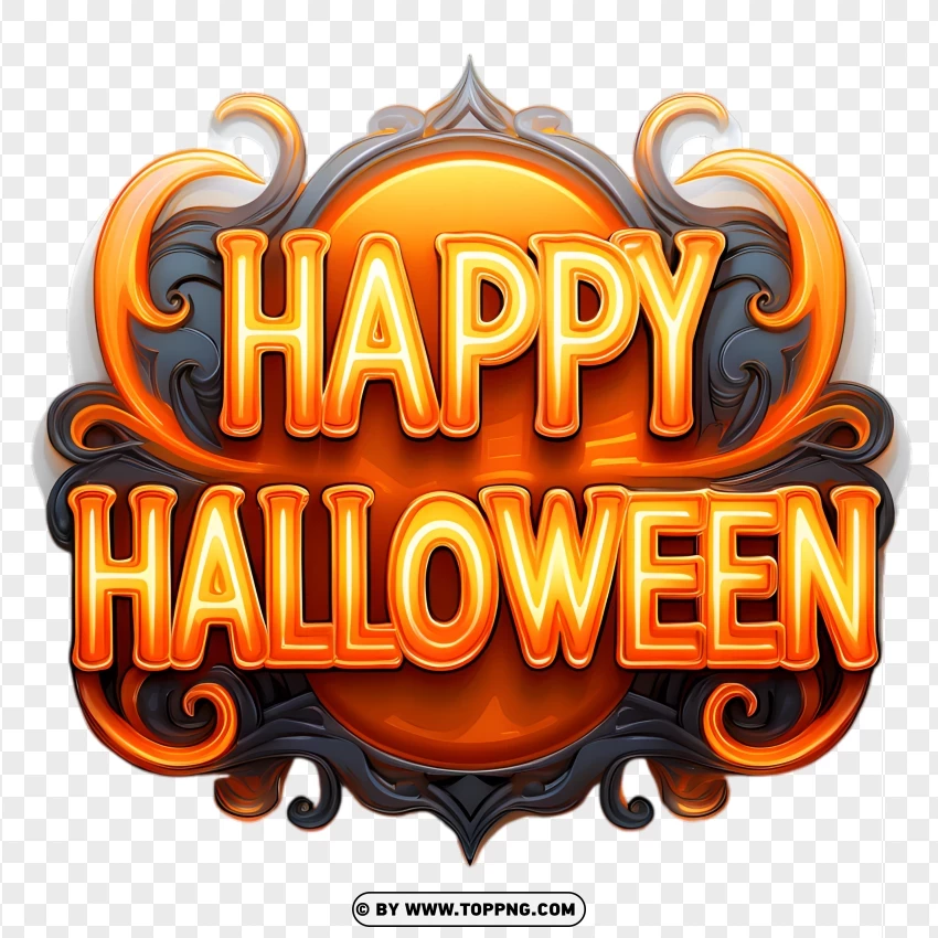 Ornate Happy Halloween Text Logo with Glowing Orange and Black Design on Transparent Background