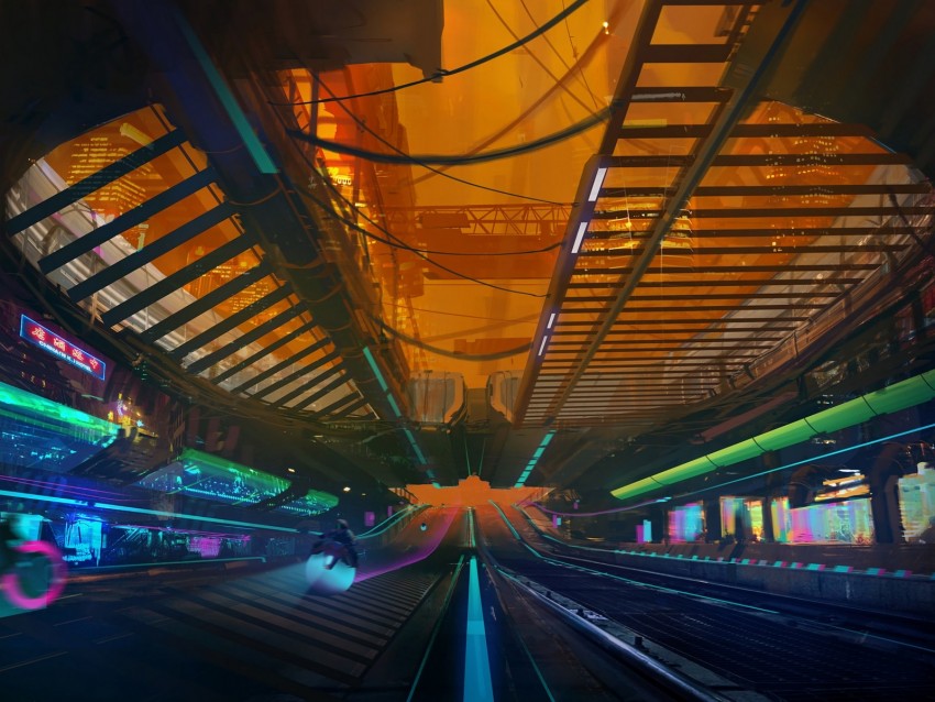 overpass, art, cyberpunk, sci-fi, movement