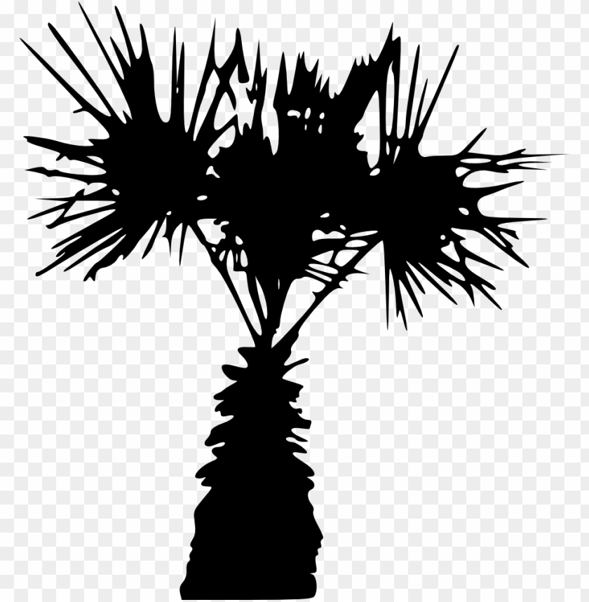 Abstract black palm tree silhouette with spiky fronds and trunk PNG