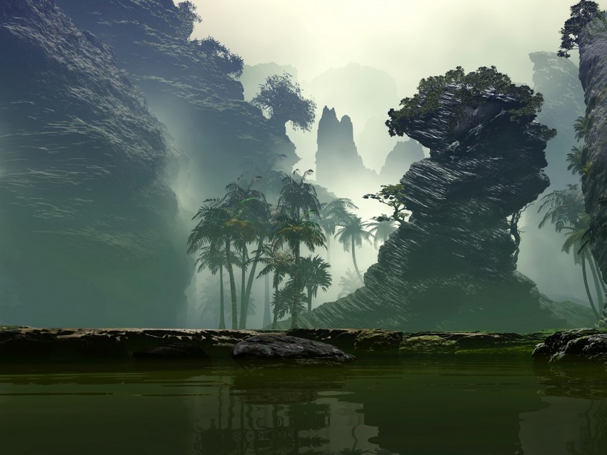 Palm Trees Fog Art Lake Rocks Background