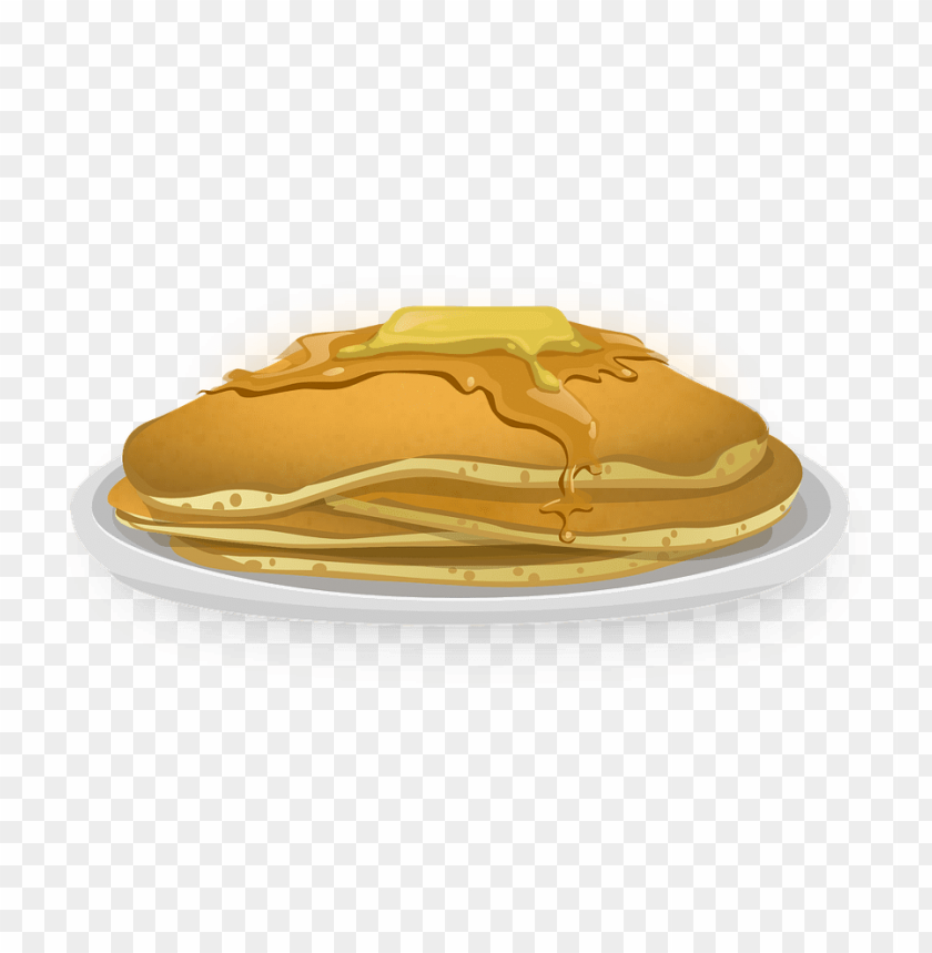 Stack of pancakes with butter and syrup on a white plate, transparent background.