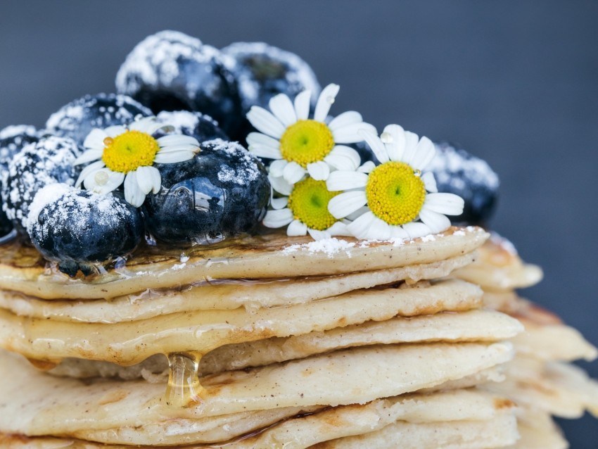 pancakes, blueberries, dessert, honey, chamomile, powdered sugar