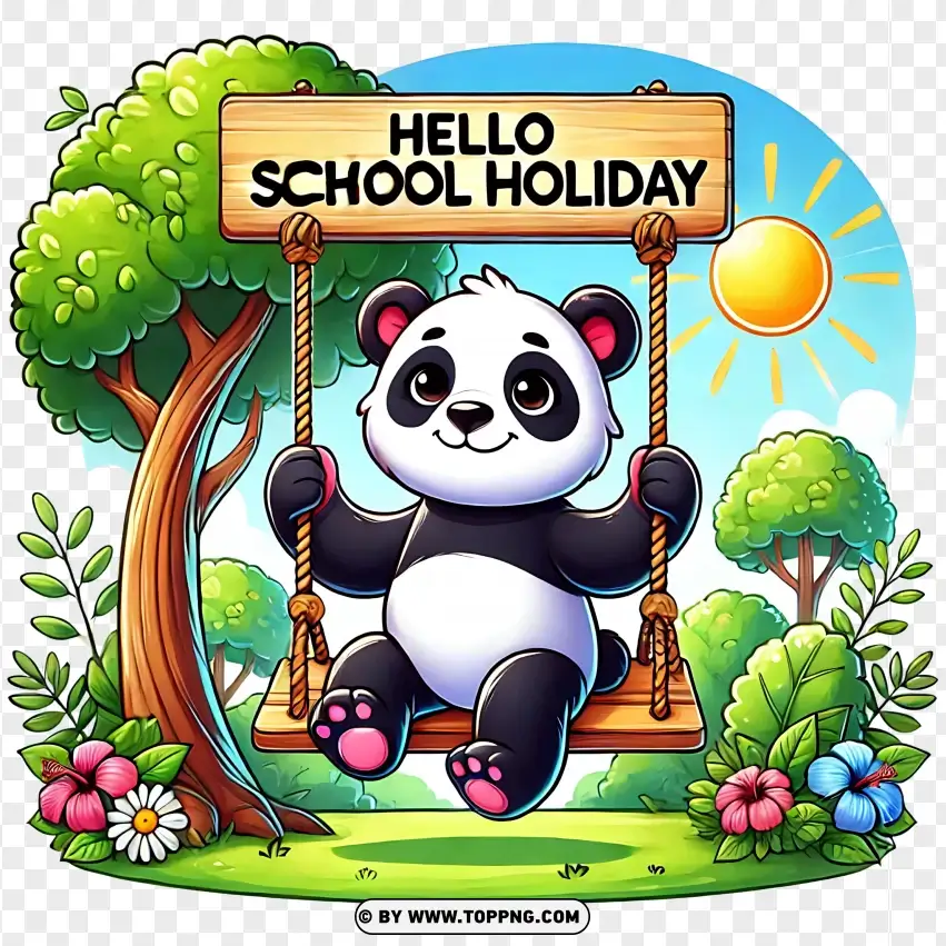 Panda Swinging In The Park Hello School Holiday Clipart PNG Transparent Background