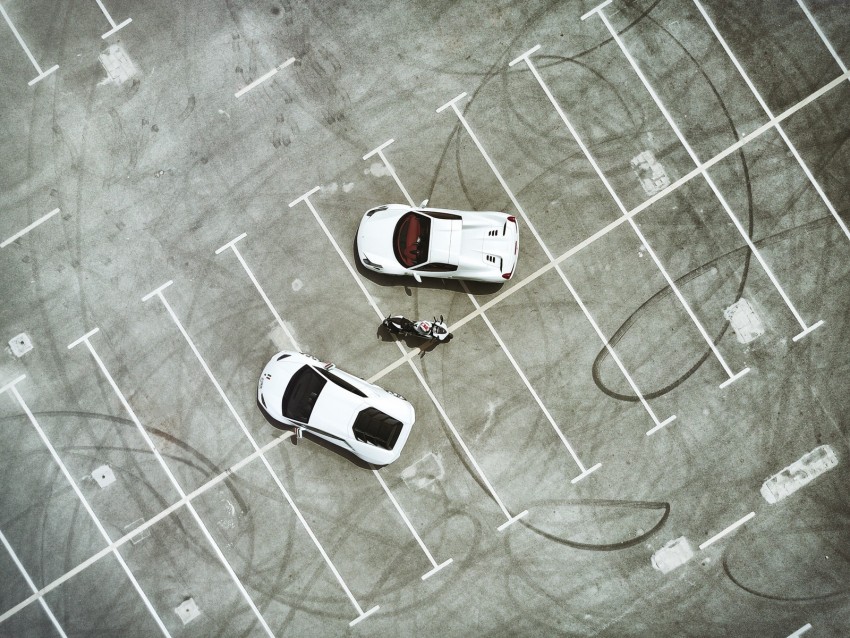 parking, cars, motorcycle, top view, lamborghini, ferrari, ducati