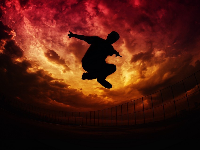 parkour, silhouette, jump, sky, clouds, fence