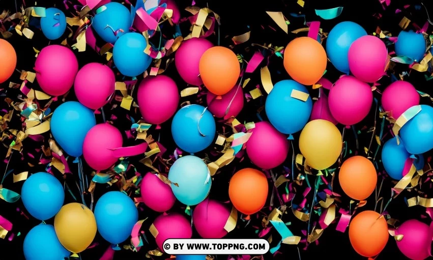 Festive Colorful balloons, Confetti celebration backdrop, Blurred bokeh party background, Colorful inflatable balloons decor, Festive event ambiance, Confetti-filled background, Luxury party scene