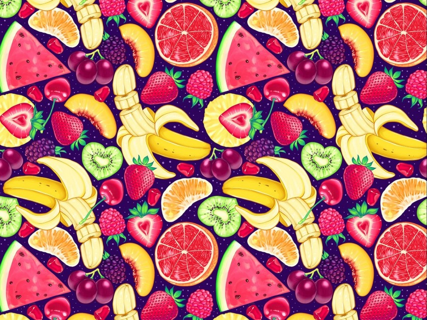 pattern, bright, delicious, banana, strawberry, orange, kiwi