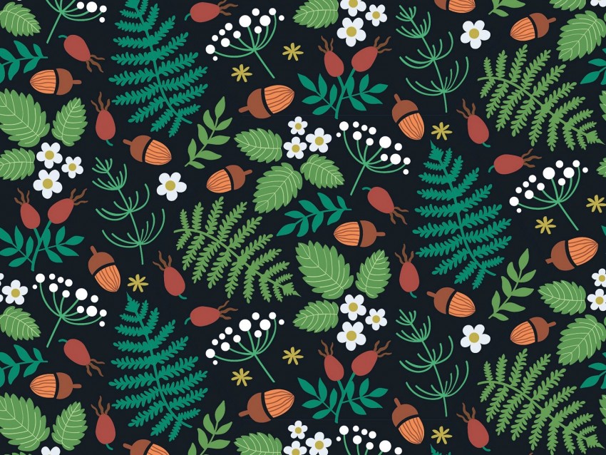 Pattern Forest Motif Leaves Berries Acorns Strawberries Background