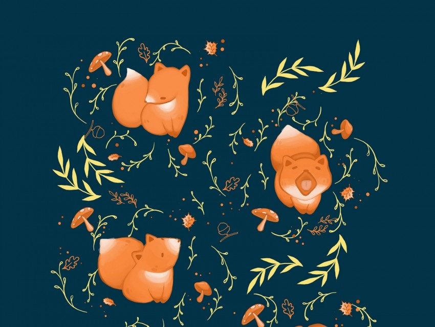 Pattern Fox Leaves Branches Mushrooms Acorns Background