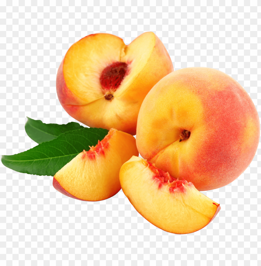 Fresh peaches with leaves, sliced and whole, on a transparent background.