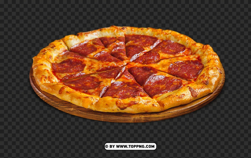 Pepperoni Pizza On Wooden Plate On PNG Transparent Background