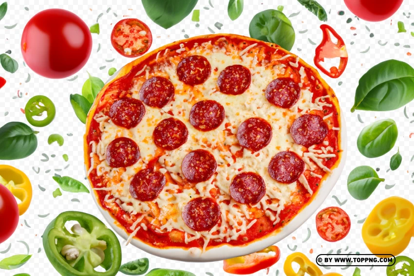 Pepperoni Pizza With Flying Ingredients With Clear PNG Transparent Background