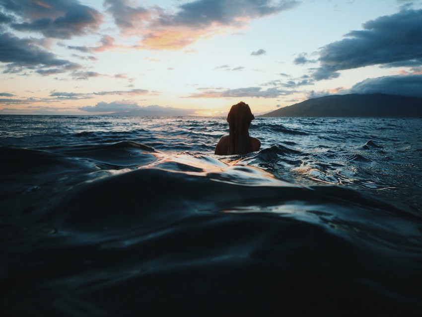 person, sea, waves, water, sunset