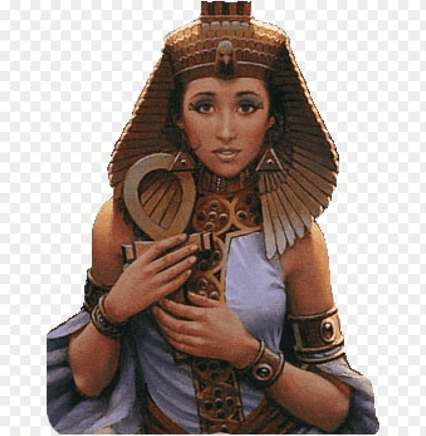 A woman dressed as an ancient Egyptian queen, holding an ankh symbol PNG