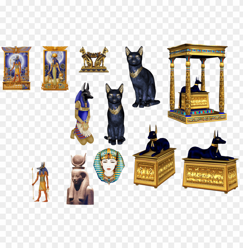 Collection of ancient Egyptian artifacts and statues in gold and blue PNG