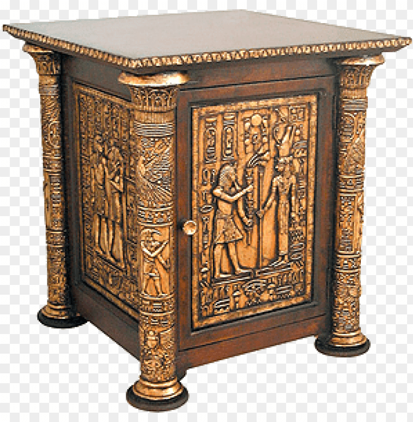 Decorative wooden nightstand with ornate carvings and detailed figures PNG